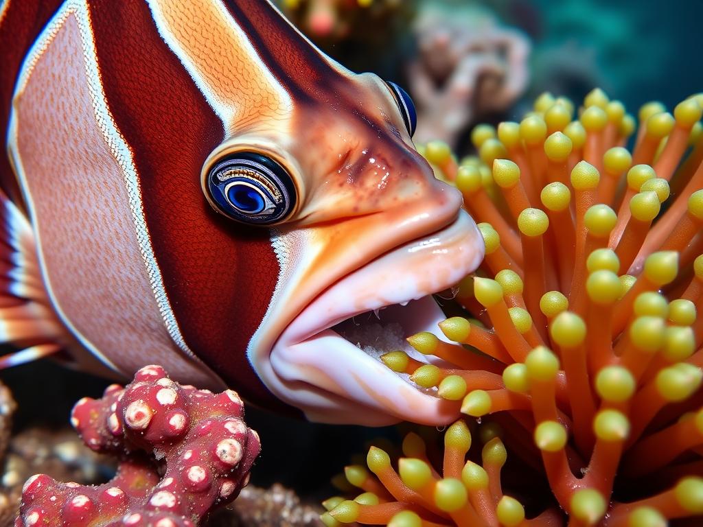 Close-up of striped surgeonfish eat algae from coral substrate
