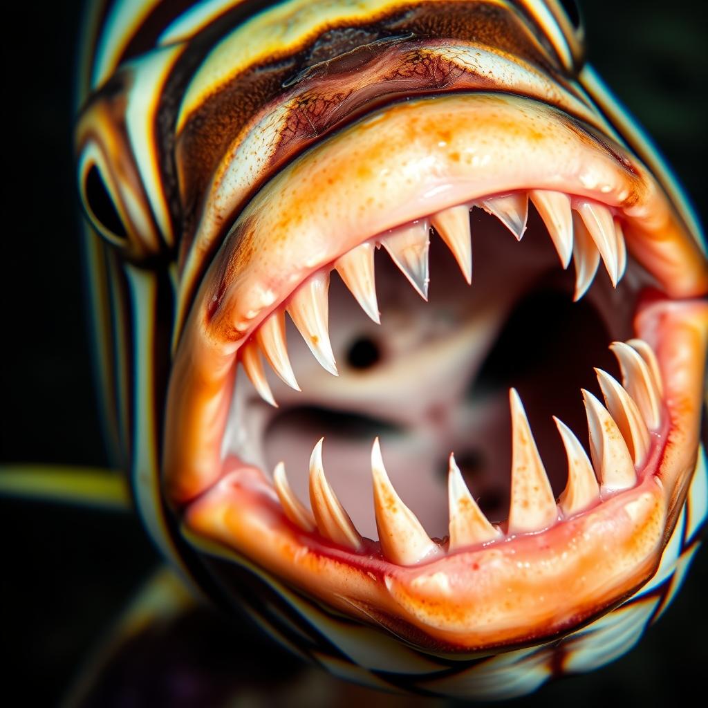 Close-up of striped surgeonfish specialized teeth for algae consumption