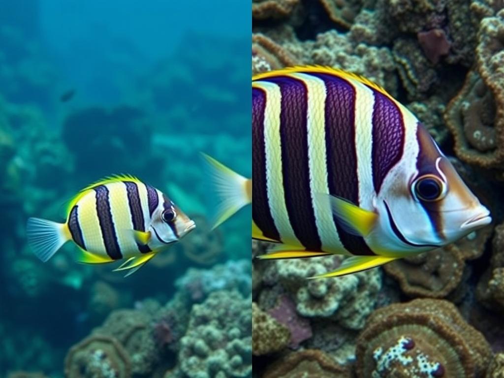 Comparison between juvenile and adult striped surgeonfish showing size difference