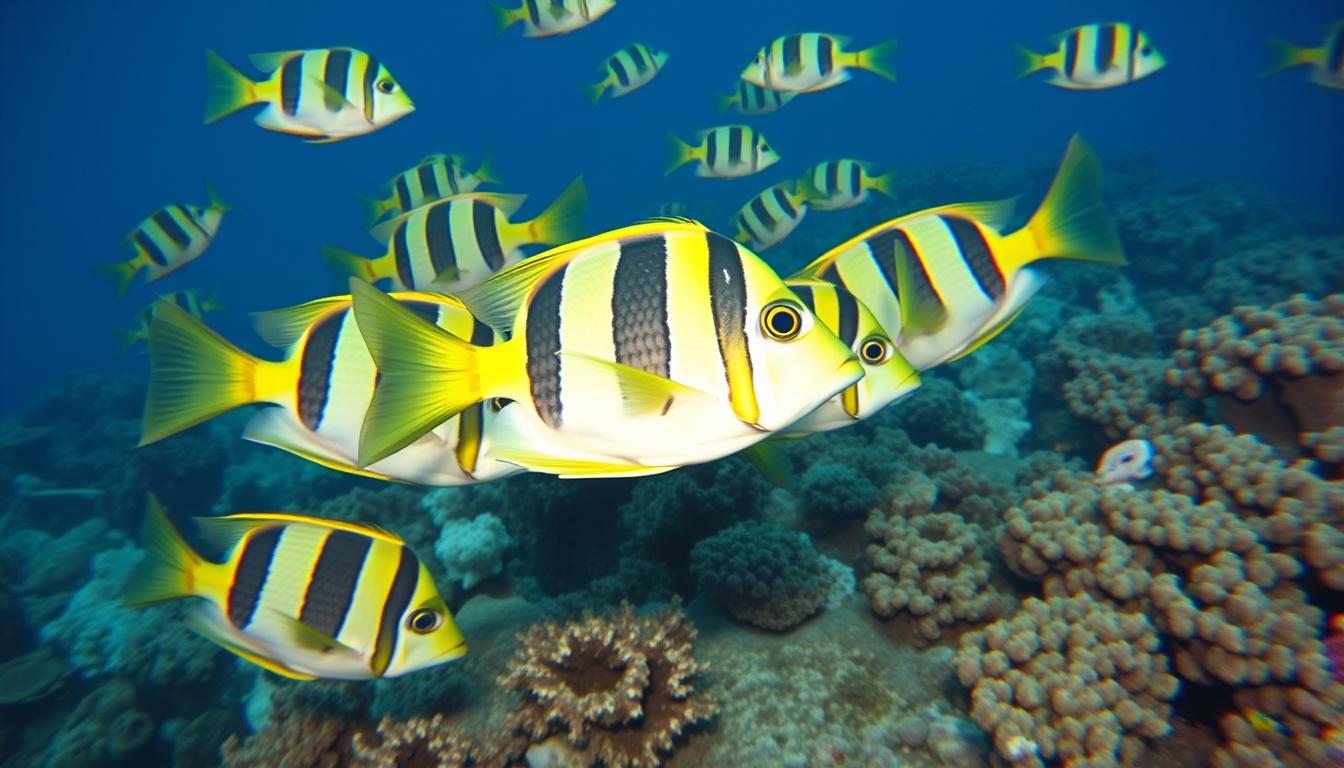 Group of striped surgeonfish defending their feeding territory on a reef