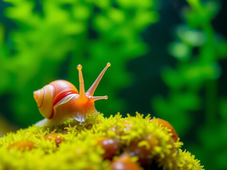 Ramshorn snail grazing on algae on aquarium glass with live plants in the background