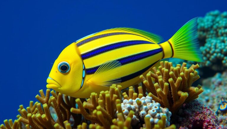 Striped surgeonfish (Acanthurus lineatus) grazing on algae in a coral reef
