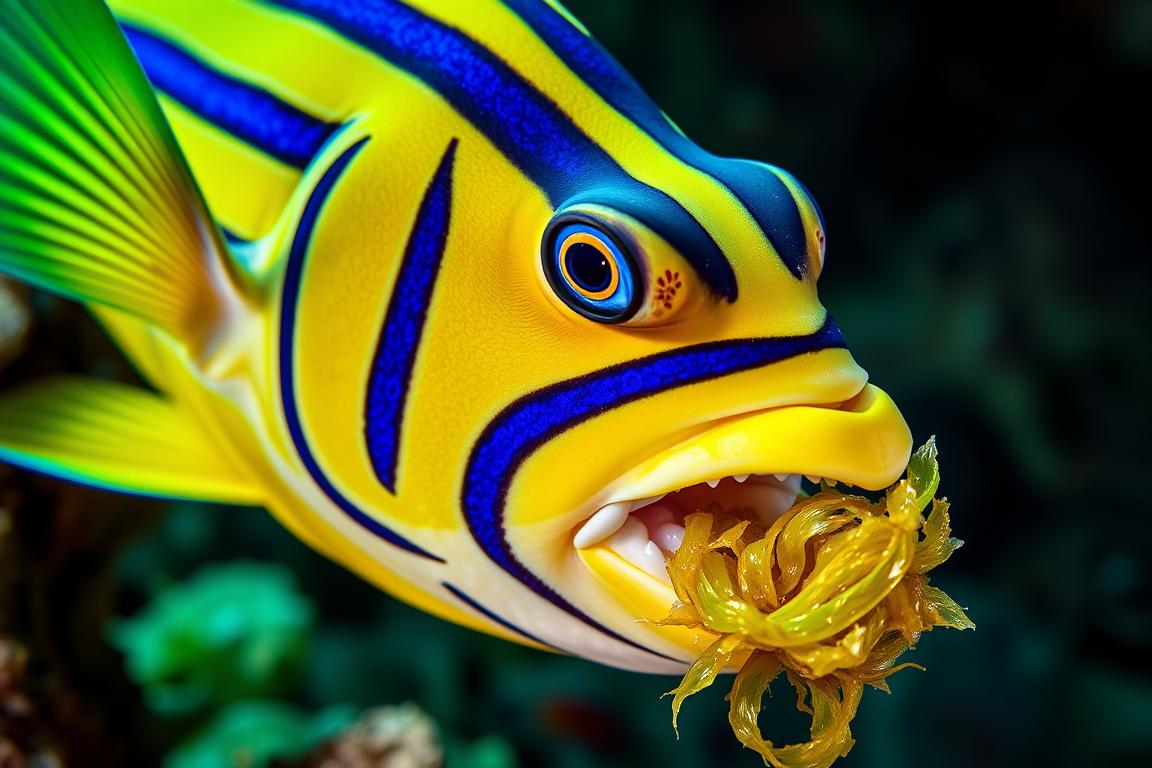 Striped surgeonfish displaying unusual feeding behavior