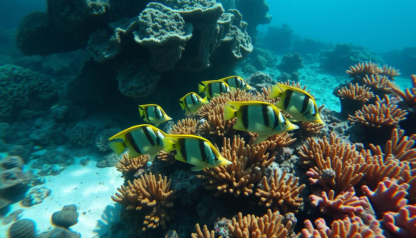 Striped surgeonfish grazing on algae helping maintain coral reef health