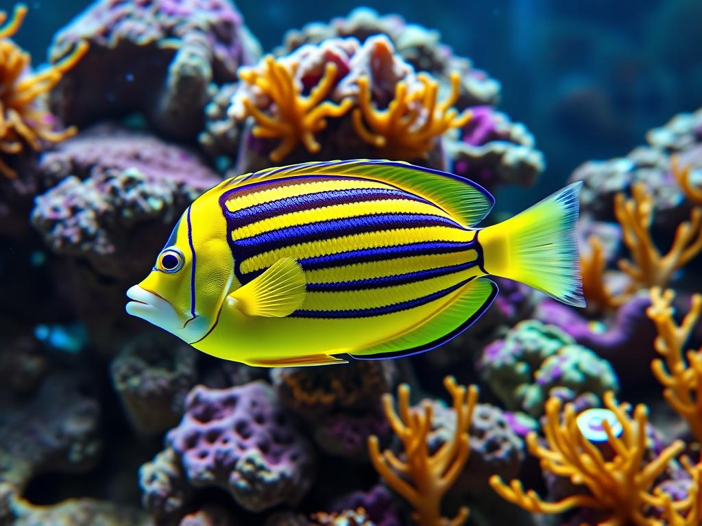 Striped surgeonfish in aquarium setting with proper diet supplements