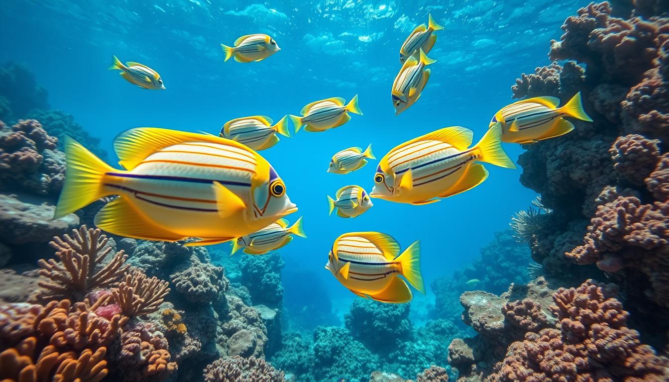 Striped surgeonfish swimming in a healthy coral reef environment