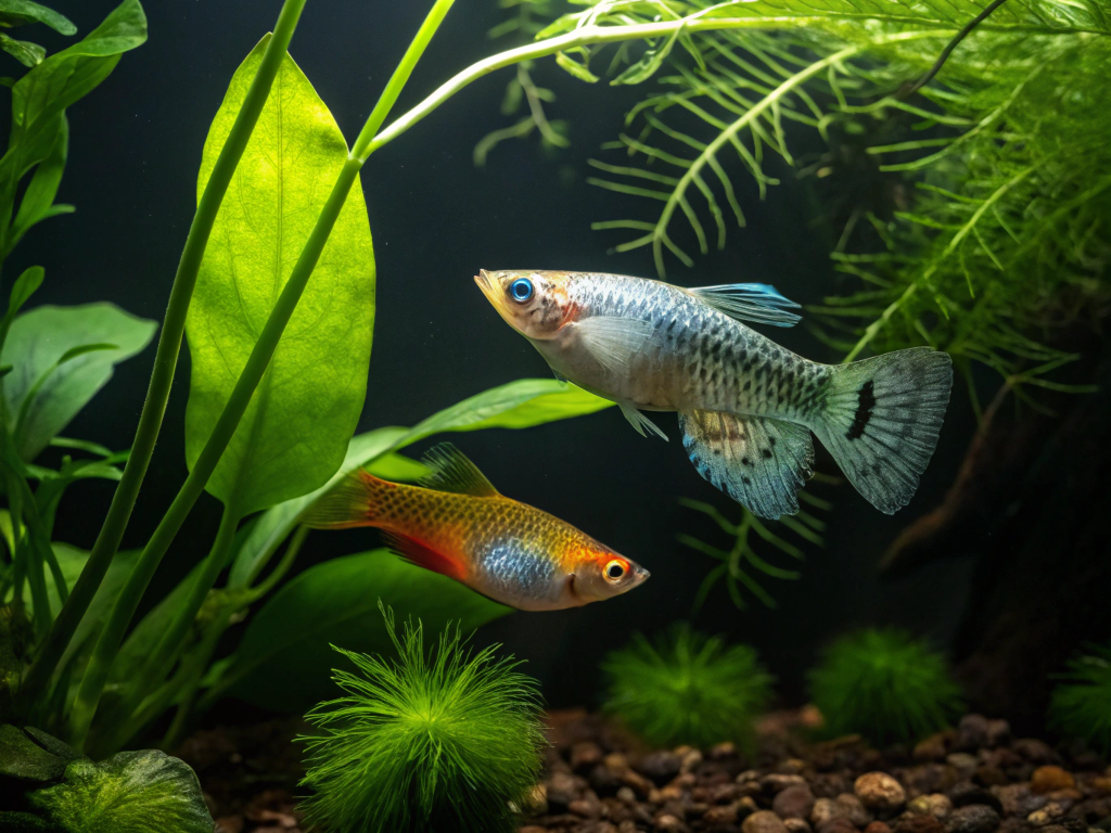 a pair of colorful molly fish one silver lyretail