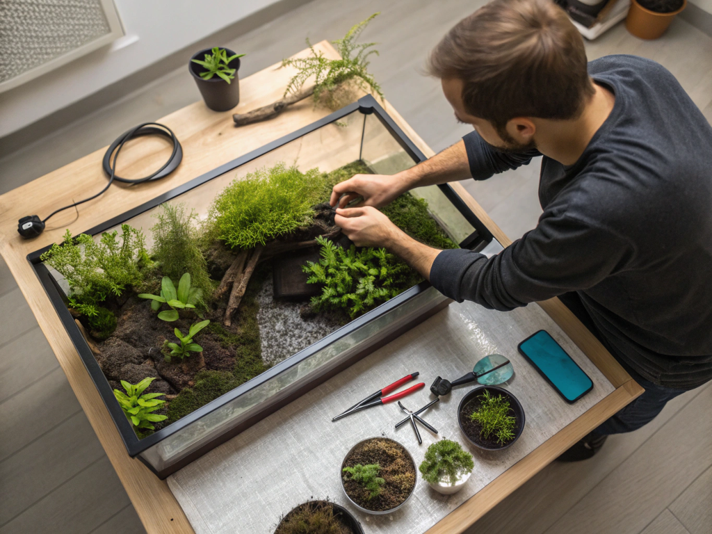 overhead view of hands arranging aquatic plants in 1