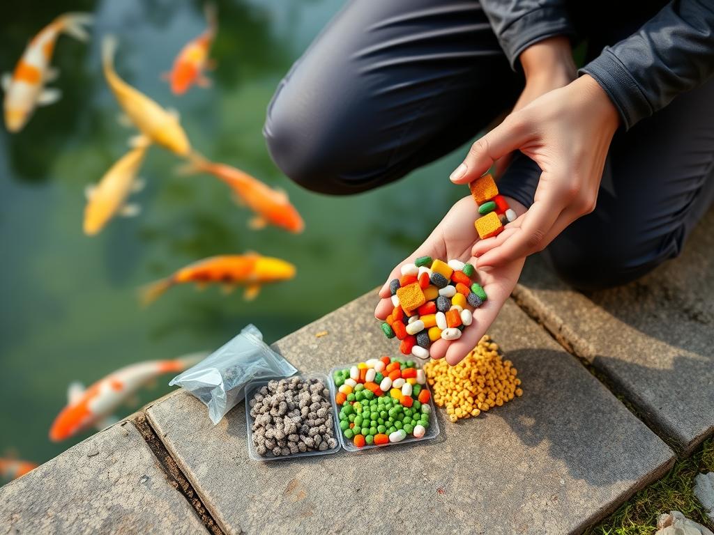 A person preparing to hand-feed koi fish with quality floating food pellets A person preparing to hand-feed koi fish with quality floating food pellets