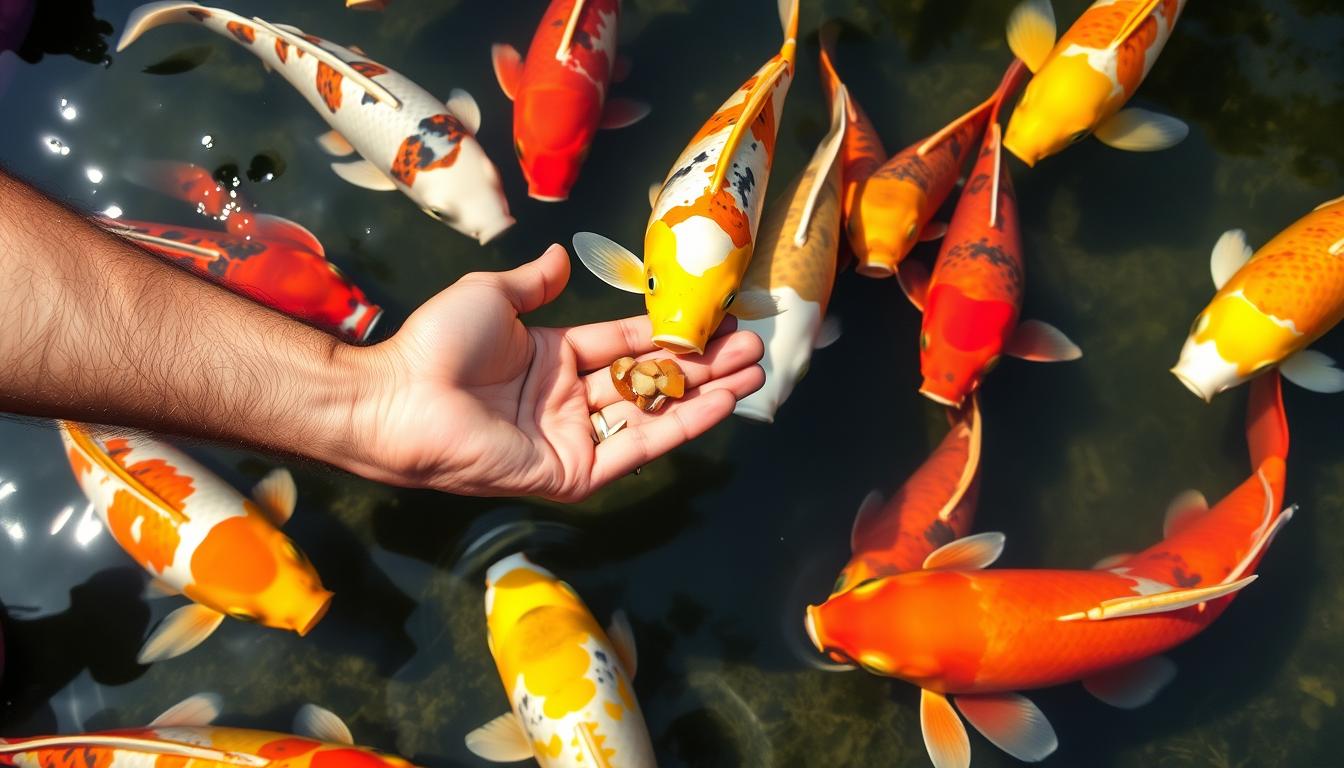 Advanced hand-feeding technique with multiple koi fish eating from hand Advanced hand-feeding technique with multiple koi fish eating from hand