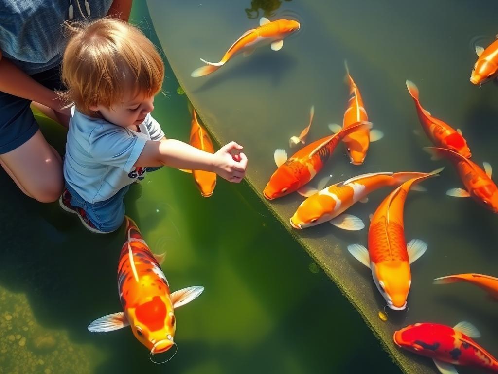Child learning to hand-feed koi fish with adult supervision Child learning to hand-feed koi fish with adult supervision