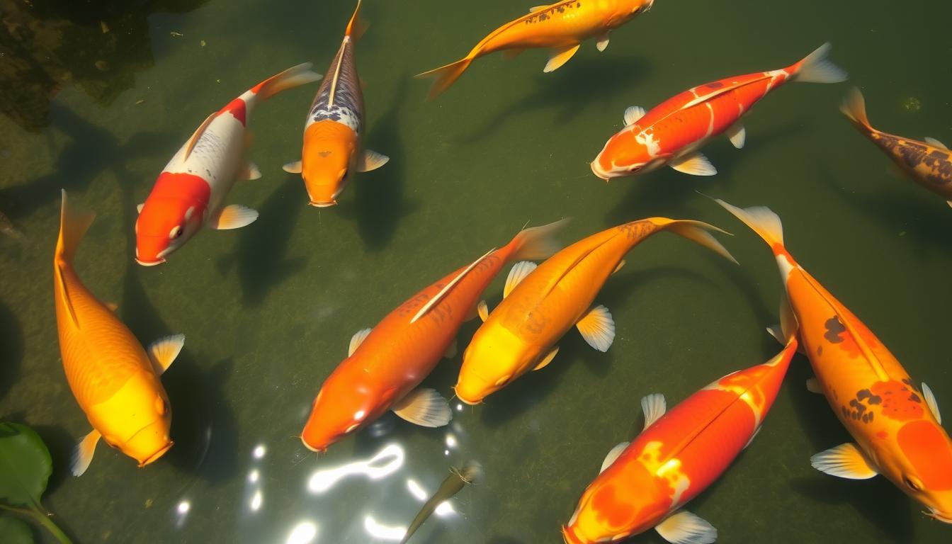 Healthy, colorful koi fish in a well-maintained pond Healthy, colorful koi fish in a well-maintained pond
