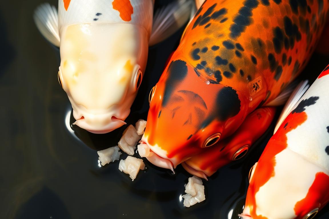 Koi fish eagerly eating shrimp from water surface Koi fish eagerly eating shrimp from water surface