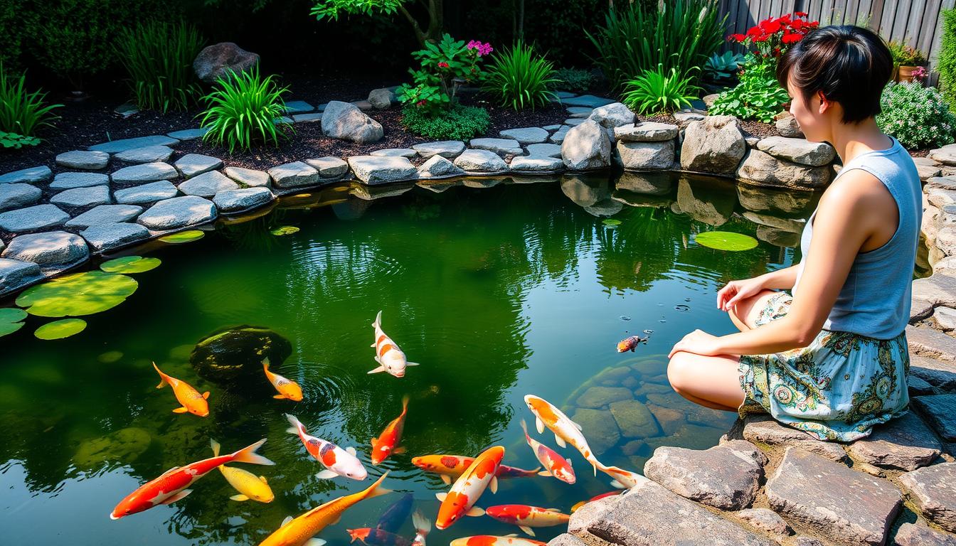 Person enjoying the peaceful experience of hand-feeding koi in garden pond Person enjoying the peaceful experience of hand-feeding koi in garden pond