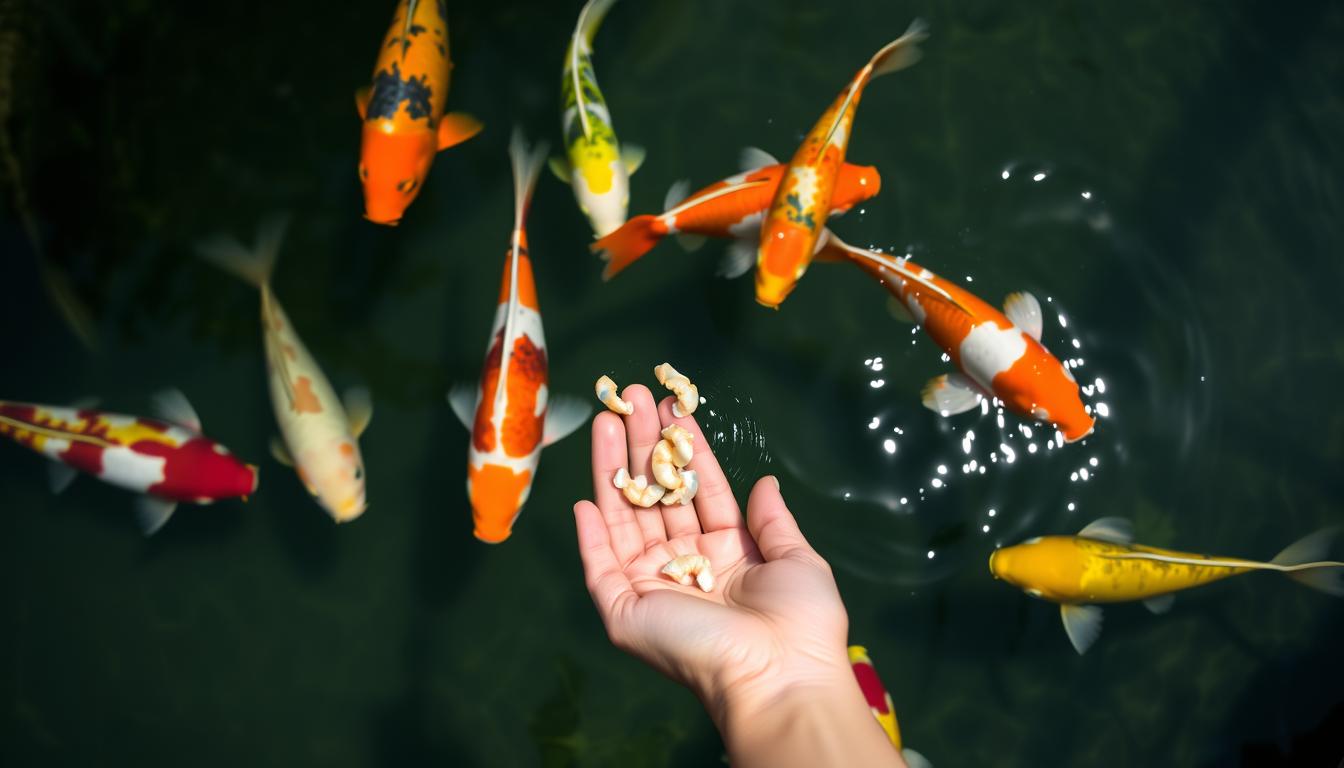 Person feeding shrimp to koi fish in a pond Person feeding shrimp to koi fish in a pond