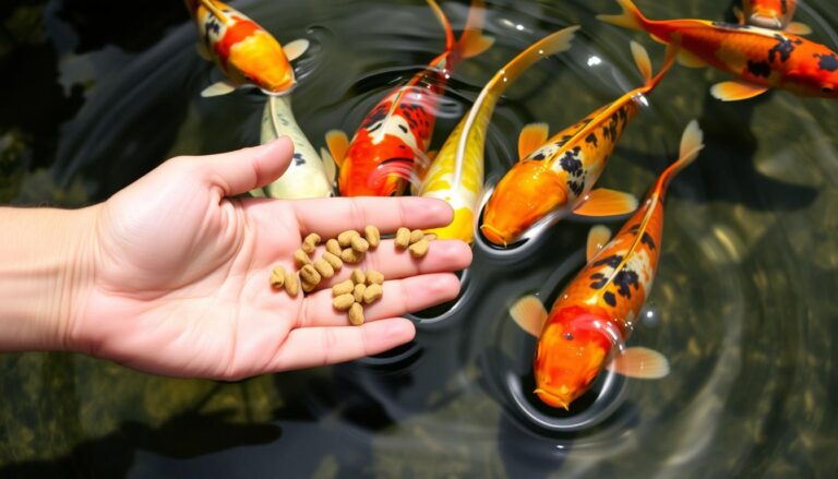 Person hand-feeding colorful koi fish in a clear pond