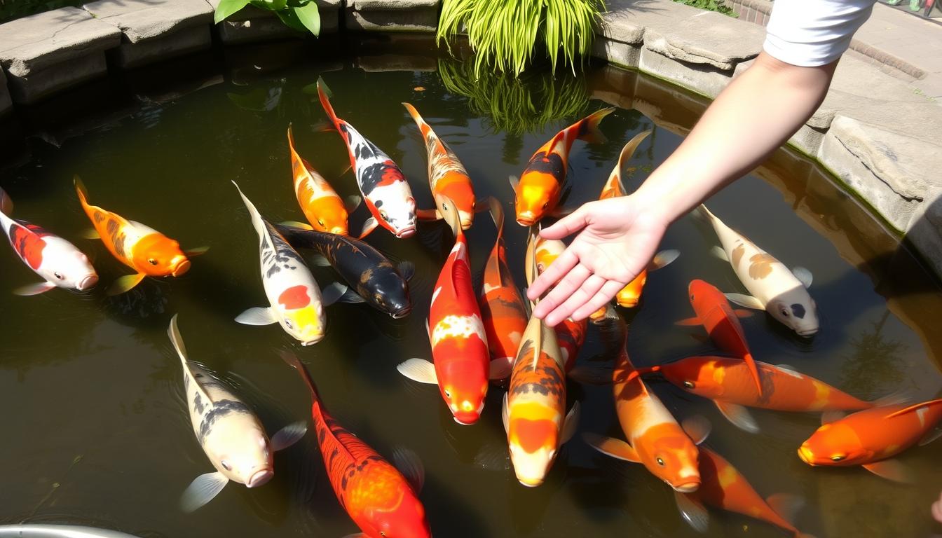 Person successfully hand-feeding multiple colorful koi fish in a garden pond Person successfully hand-feeding multiple colorful koi fish in a garden pond