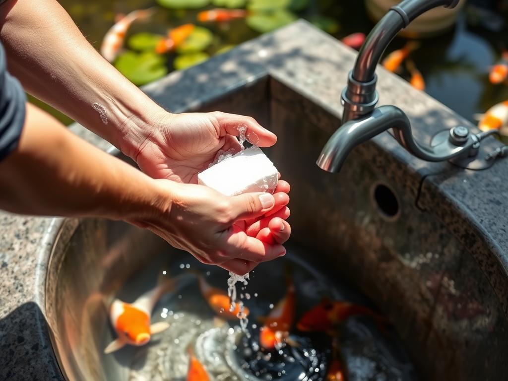 Person washing hands before hand-feeding koi fish Person washing hands before hand-feeding koi fish