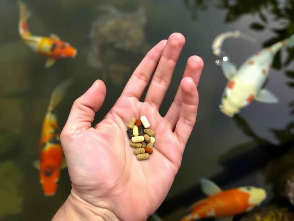 Proper hand position for feeding koi fish from your palm Proper hand position for feeding koi fish from your palm