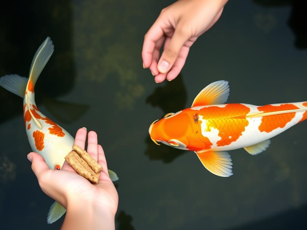 Shy koi fish hesitant to approach hand for feeding Shy koi fish hesitant to approach hand for feeding