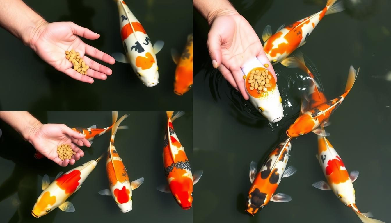 Step-by-step demonstration of hand-feeding koi fish with proper technique Step-by-step demonstration of hand-feeding koi fish with proper technique