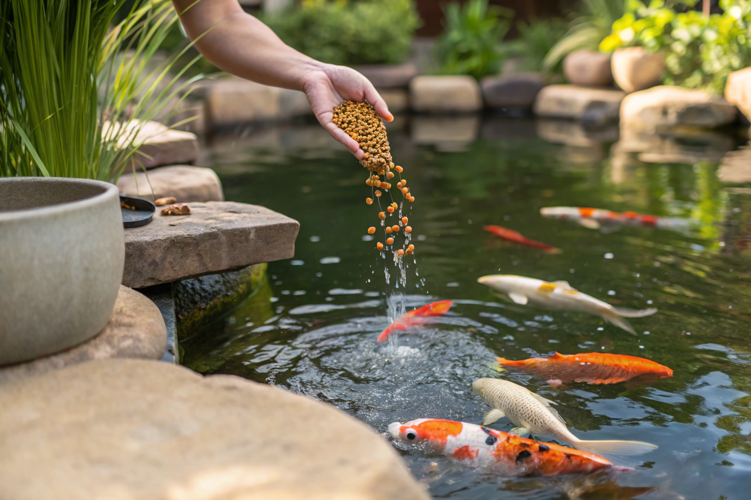 a close up shot of a pristine backyard koi pond fe 1 1