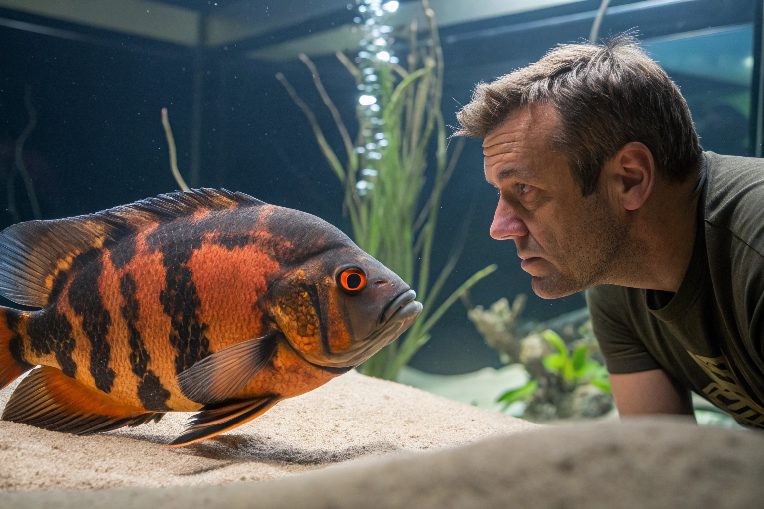 a concerned aquarium owner looking at a large osca 1