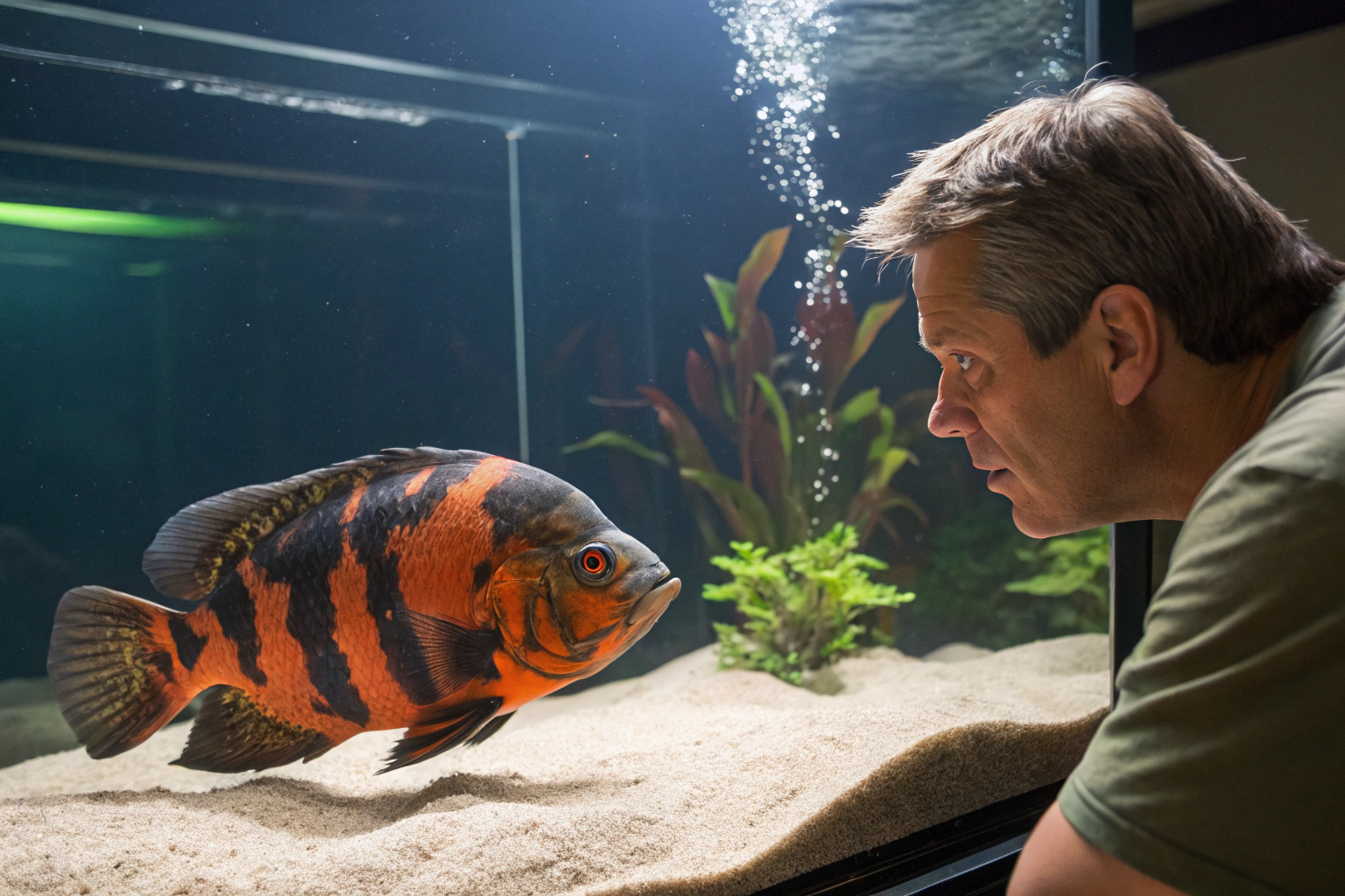 a concerned aquarium owner looking at a large osca