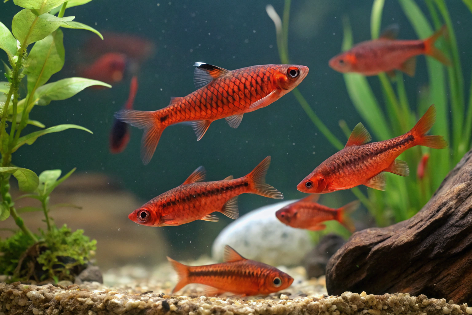 a group of 5 6 adult cherry barb fish in various f 1
