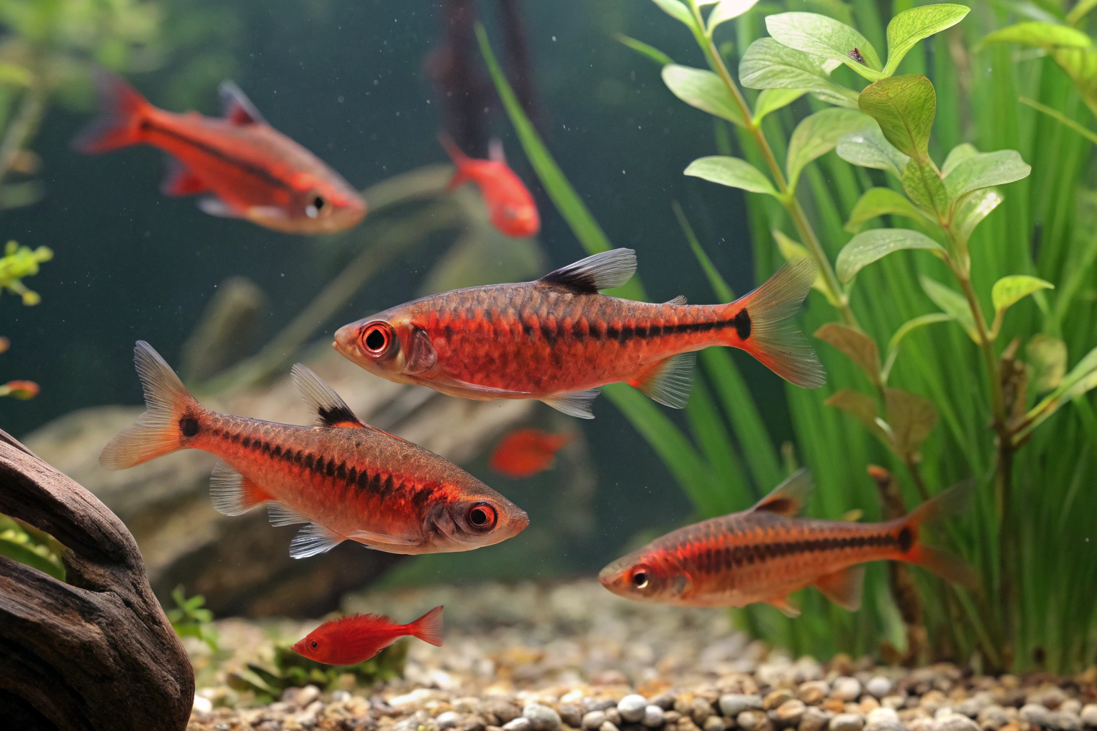 a group of 5 6 adult cherry barb fish in various f