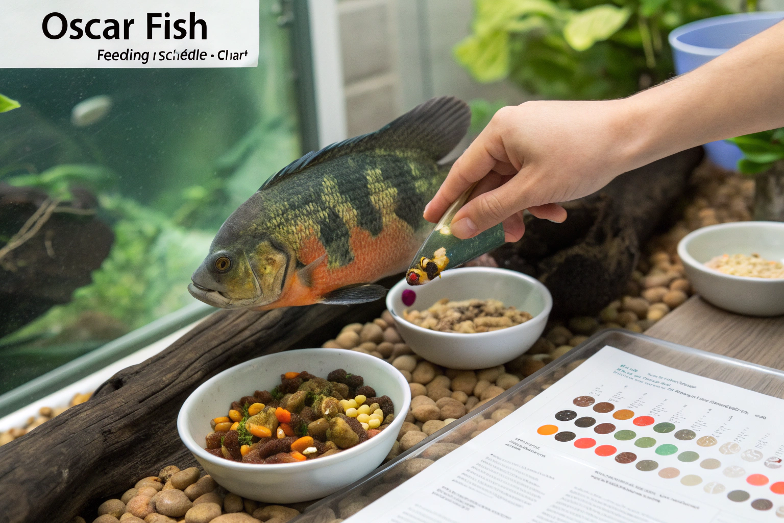 a healthy oscar fish being fed a variety of high q 1