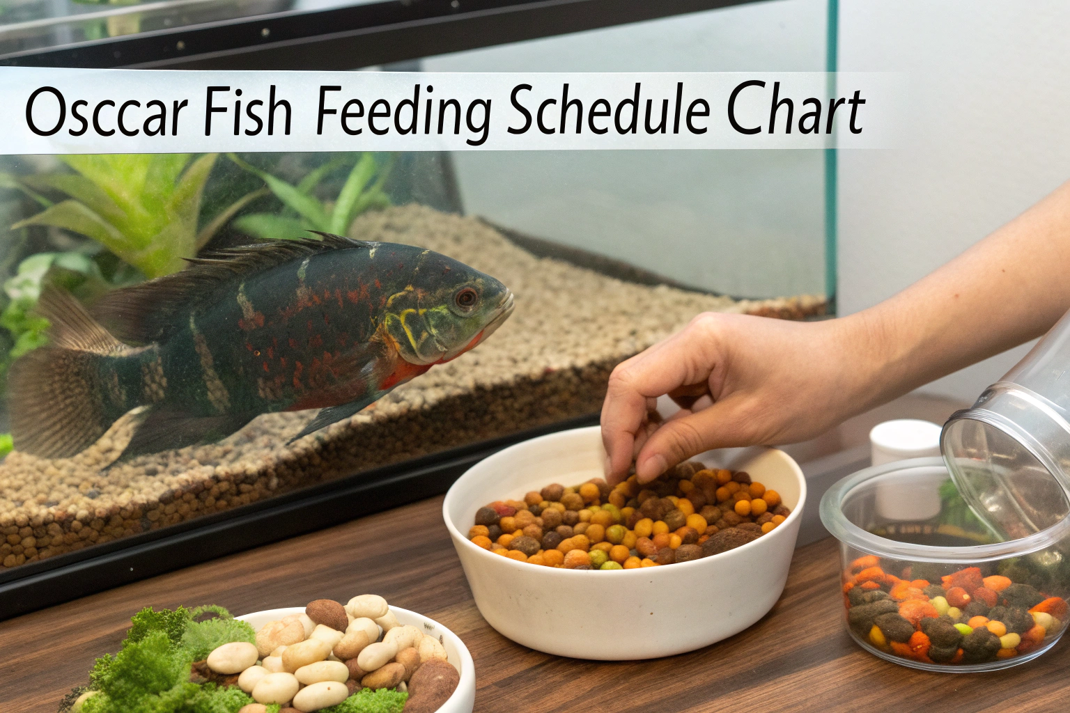 a healthy oscar fish being fed a variety of high q