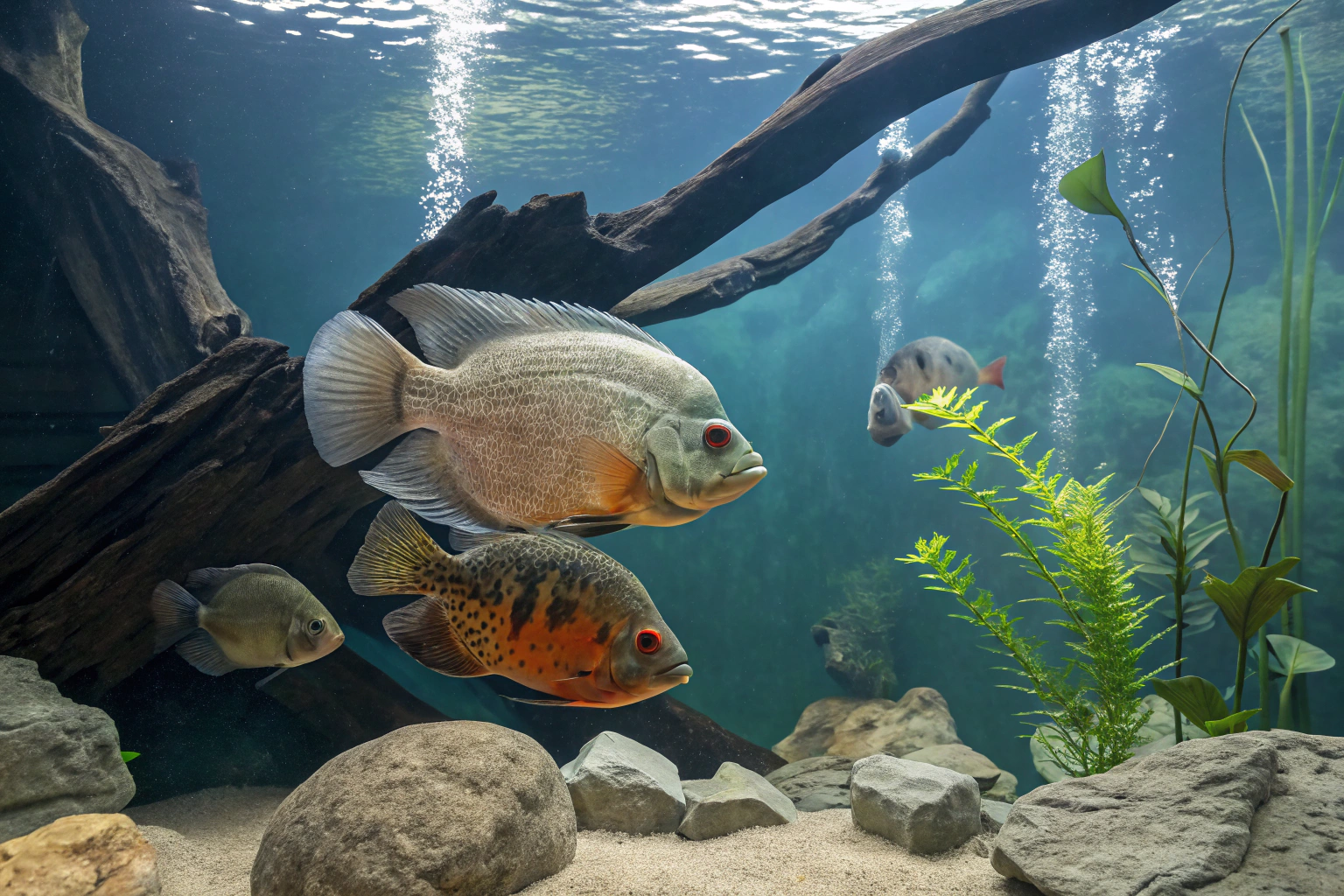 a large freshwater aquarium showcasing multiple os