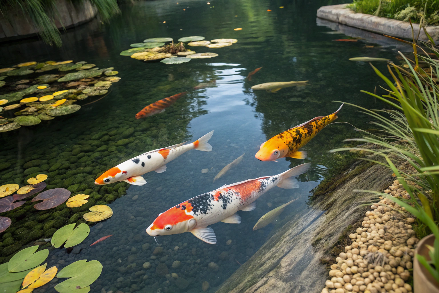 a serene pond scene with multiple colorful koi fis