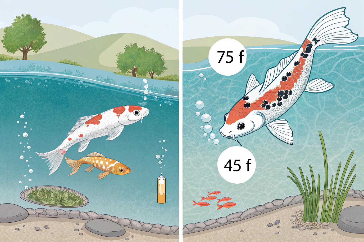 a side by side comparison showing koi fish interna
