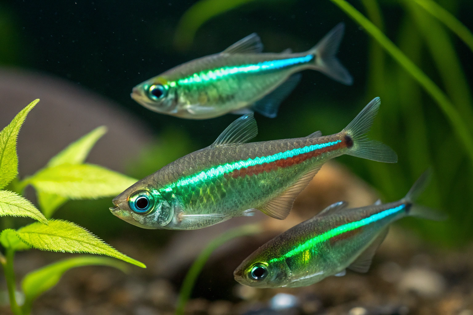 a stunning close up of green neon tetras under opt