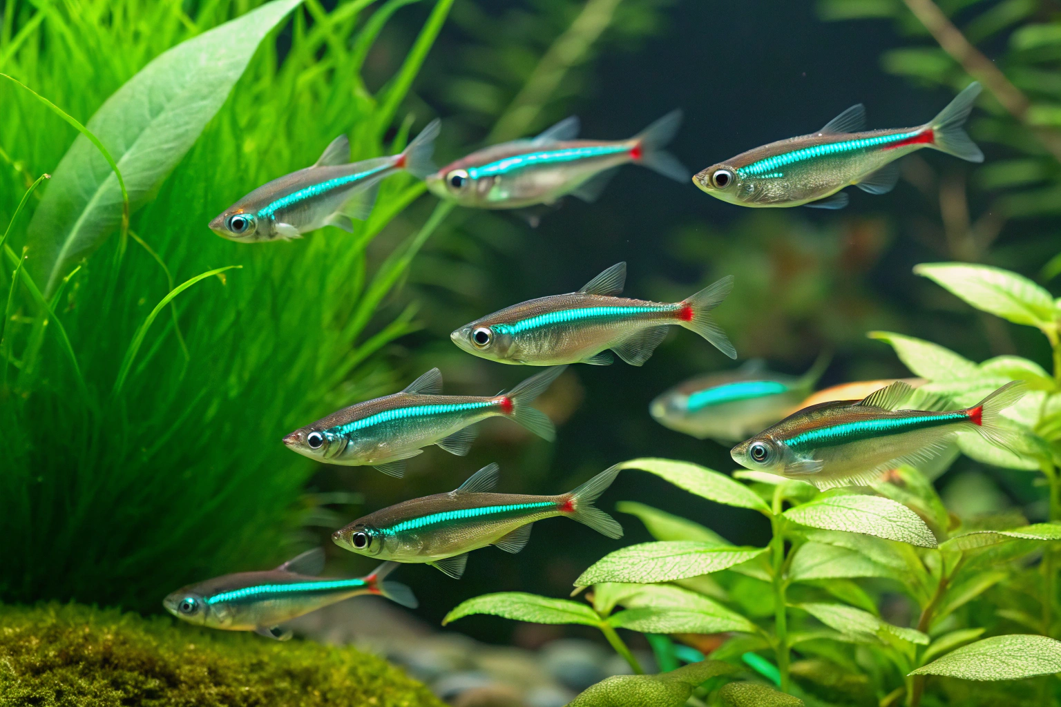 a stunning school of 15 20 green neon tetras swimm