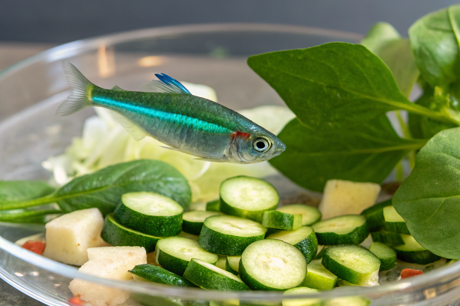 a vibrant green neon tetra fish swimming near smal 1