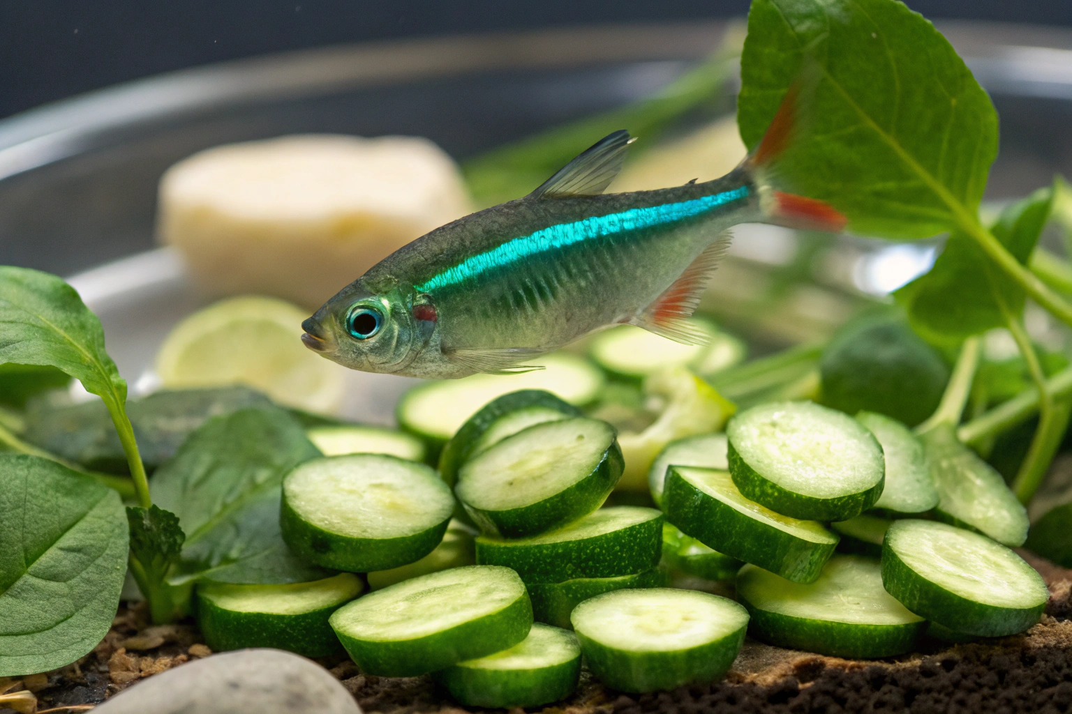 a vibrant green neon tetra fish swimming near smal