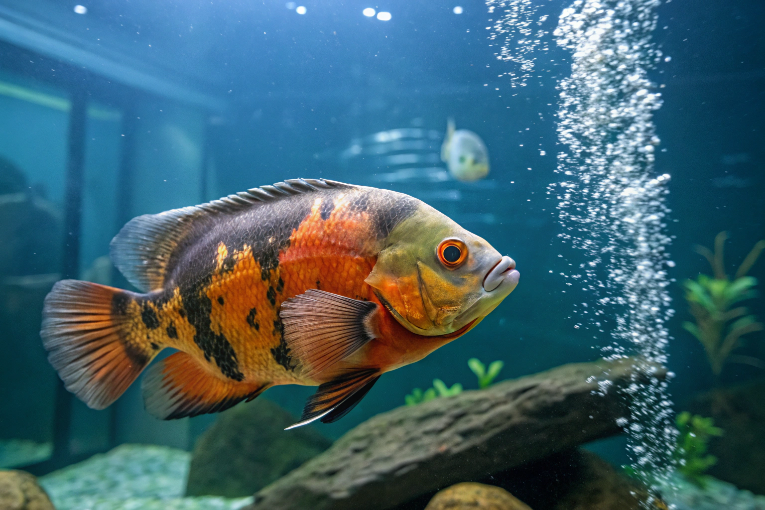a vibrant healthy oscar fish swimming in a pristi