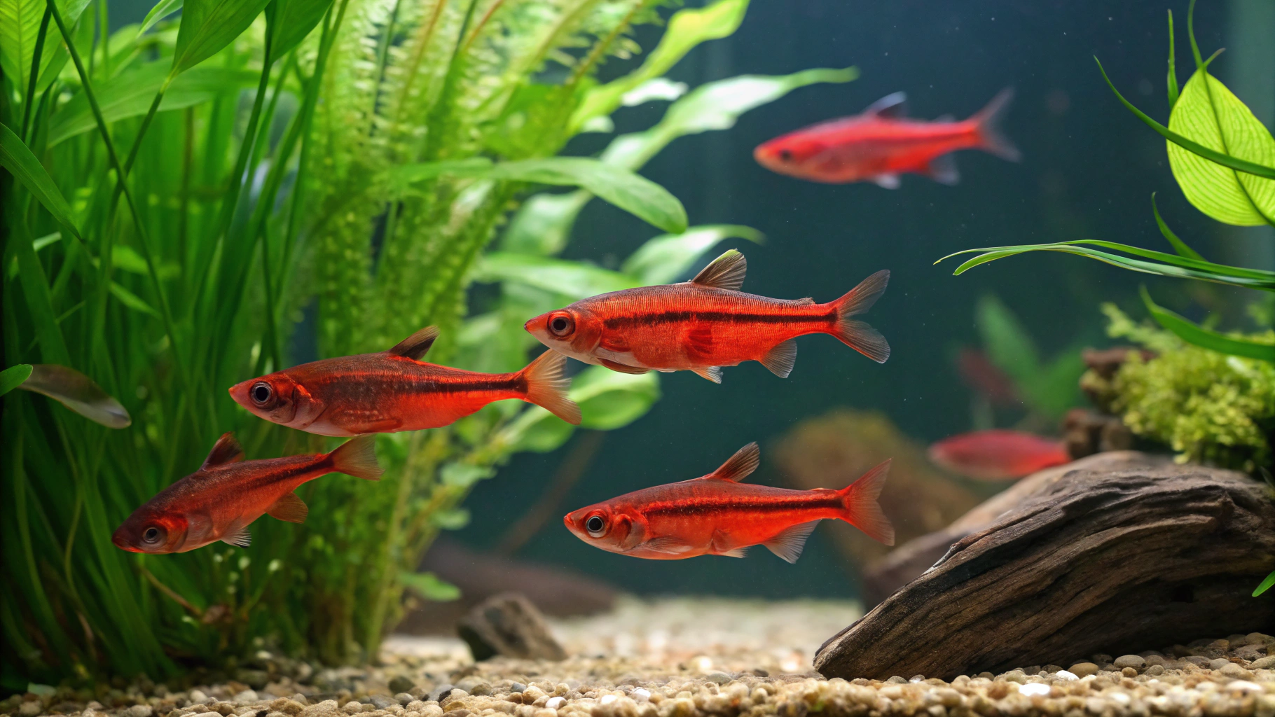 a vibrant school of 6 8 cherry barb fish swimming