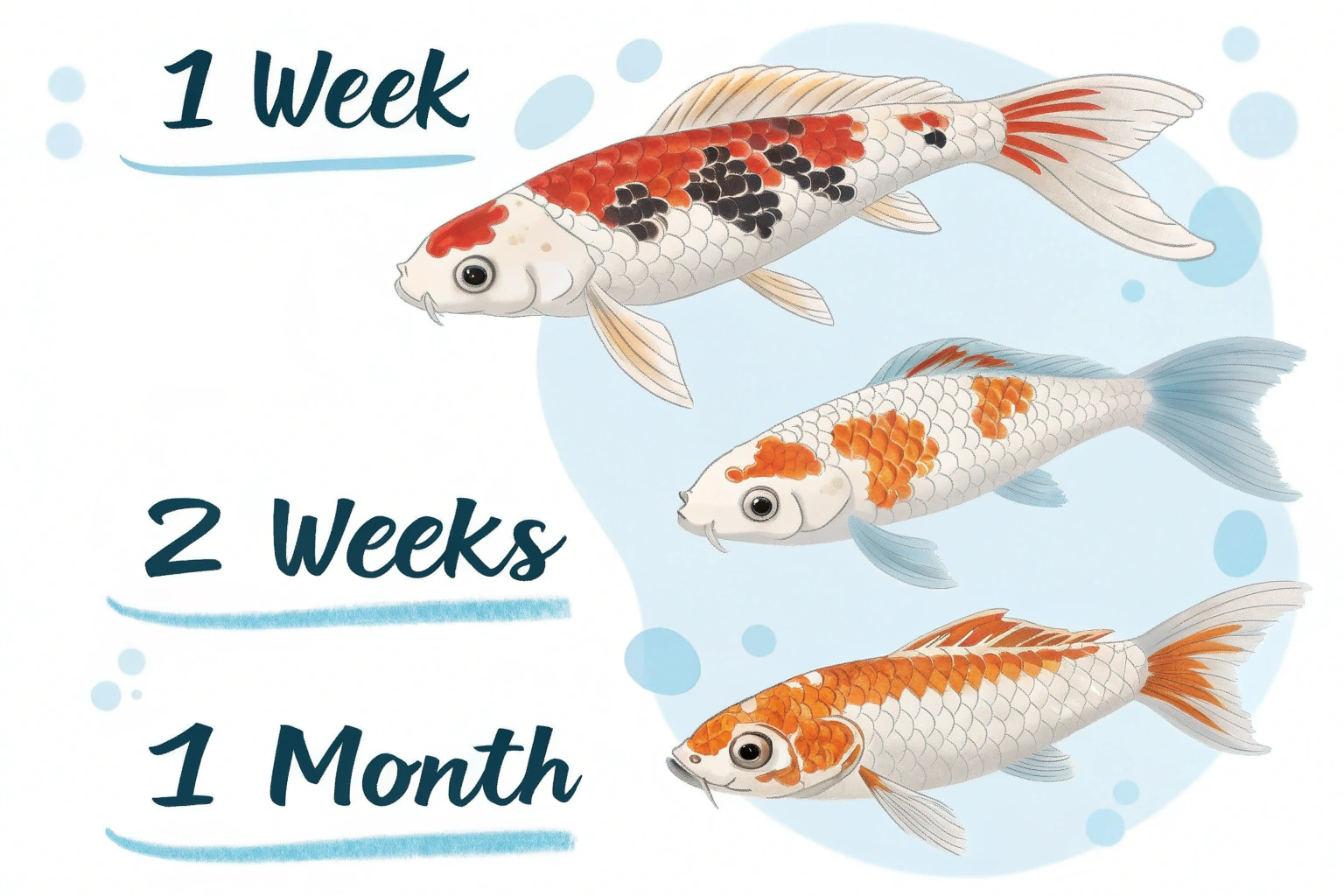 a visual timeline showing koi fish fry at differen