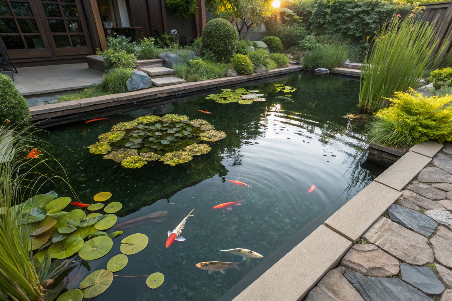 a well maintained backyard koi pond featuring floa
