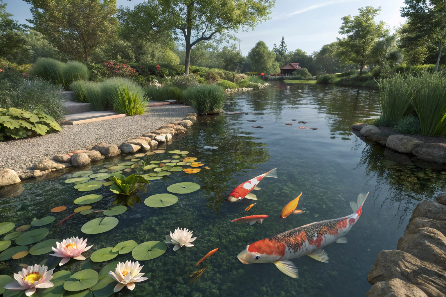 a wide serene garden pond ecosystem teeming with 1