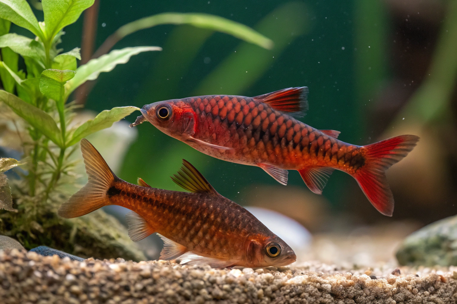 action shot of male cherry barb displaying intense 1