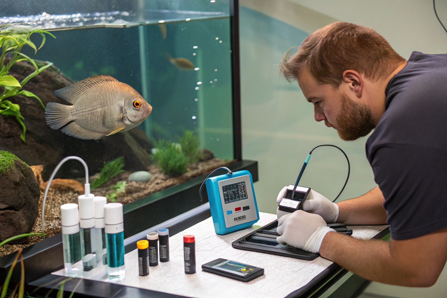 an aquarist conducting water quality testing on an 1