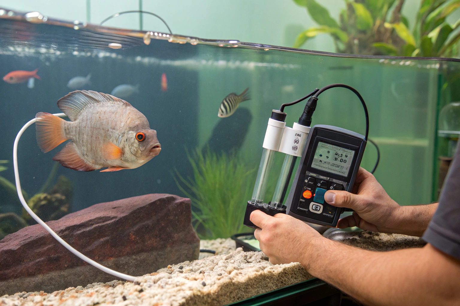 an aquarist conducting water quality testing on an