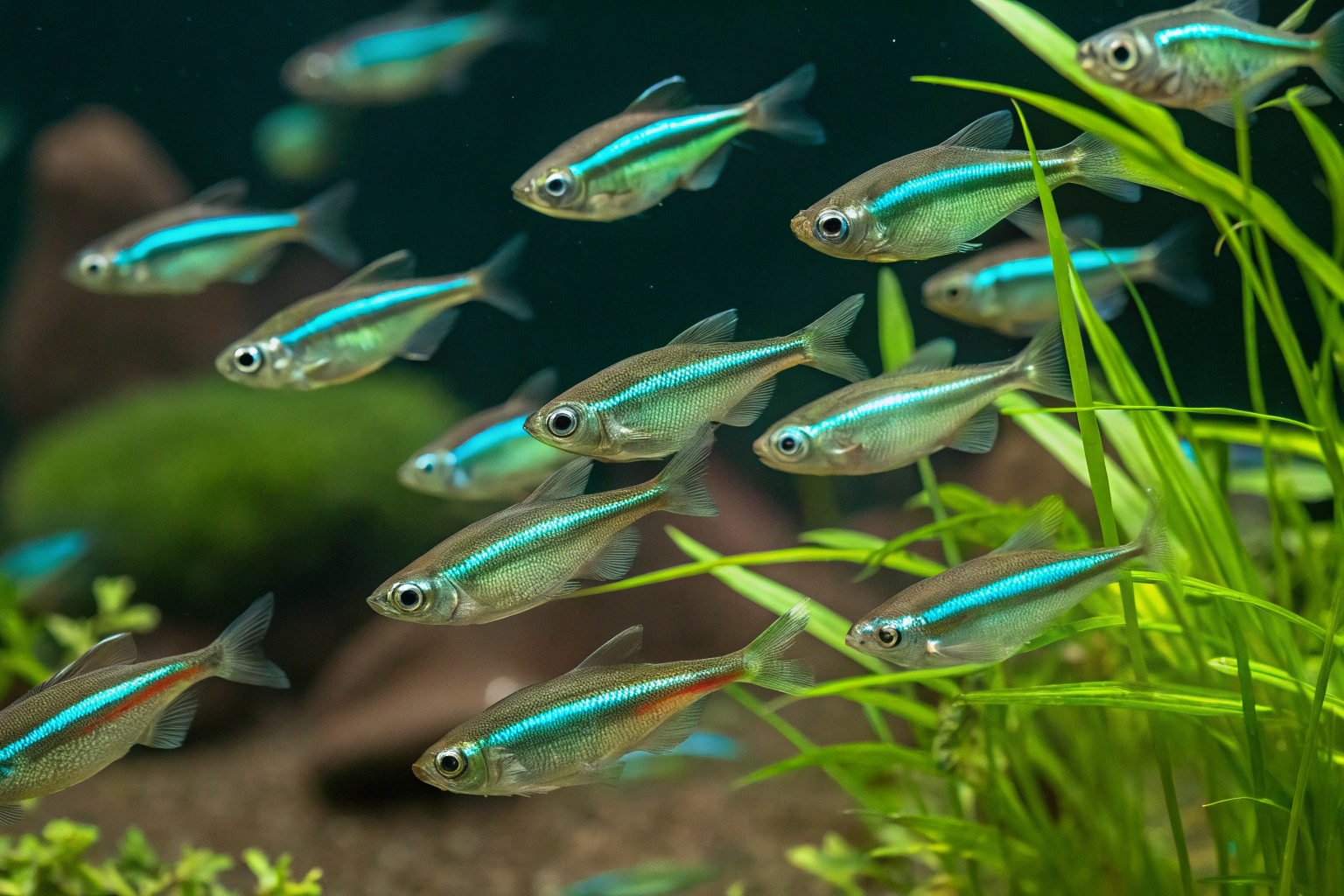 close up action shot of a large school of green ne