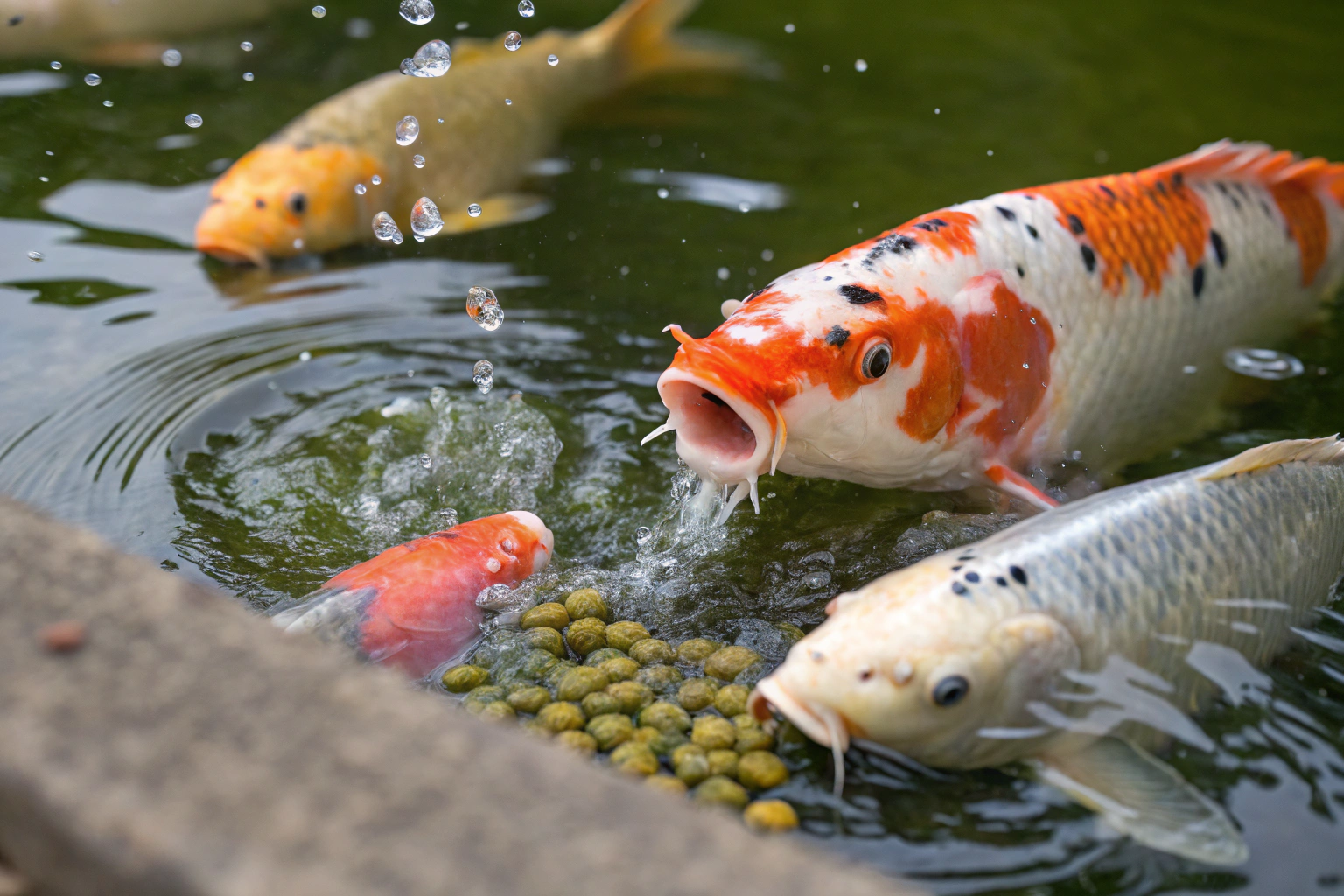 close up action shot of koi fish eagerly feeding a