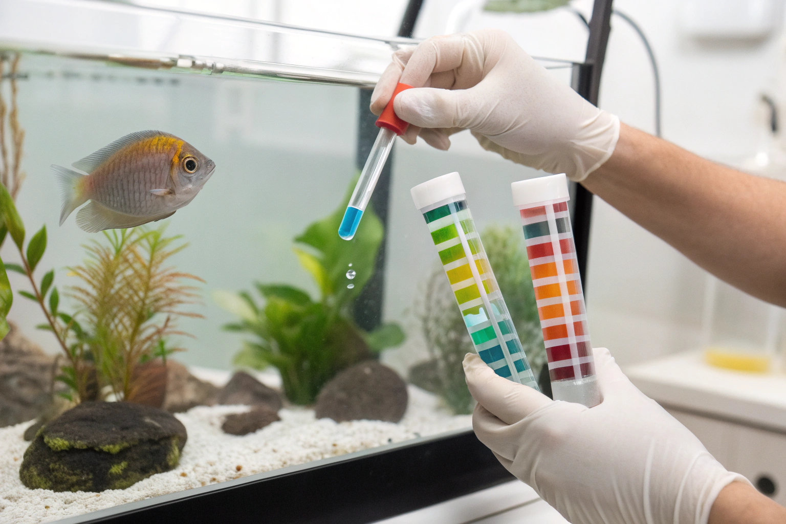 close up hands performing water quality tests for